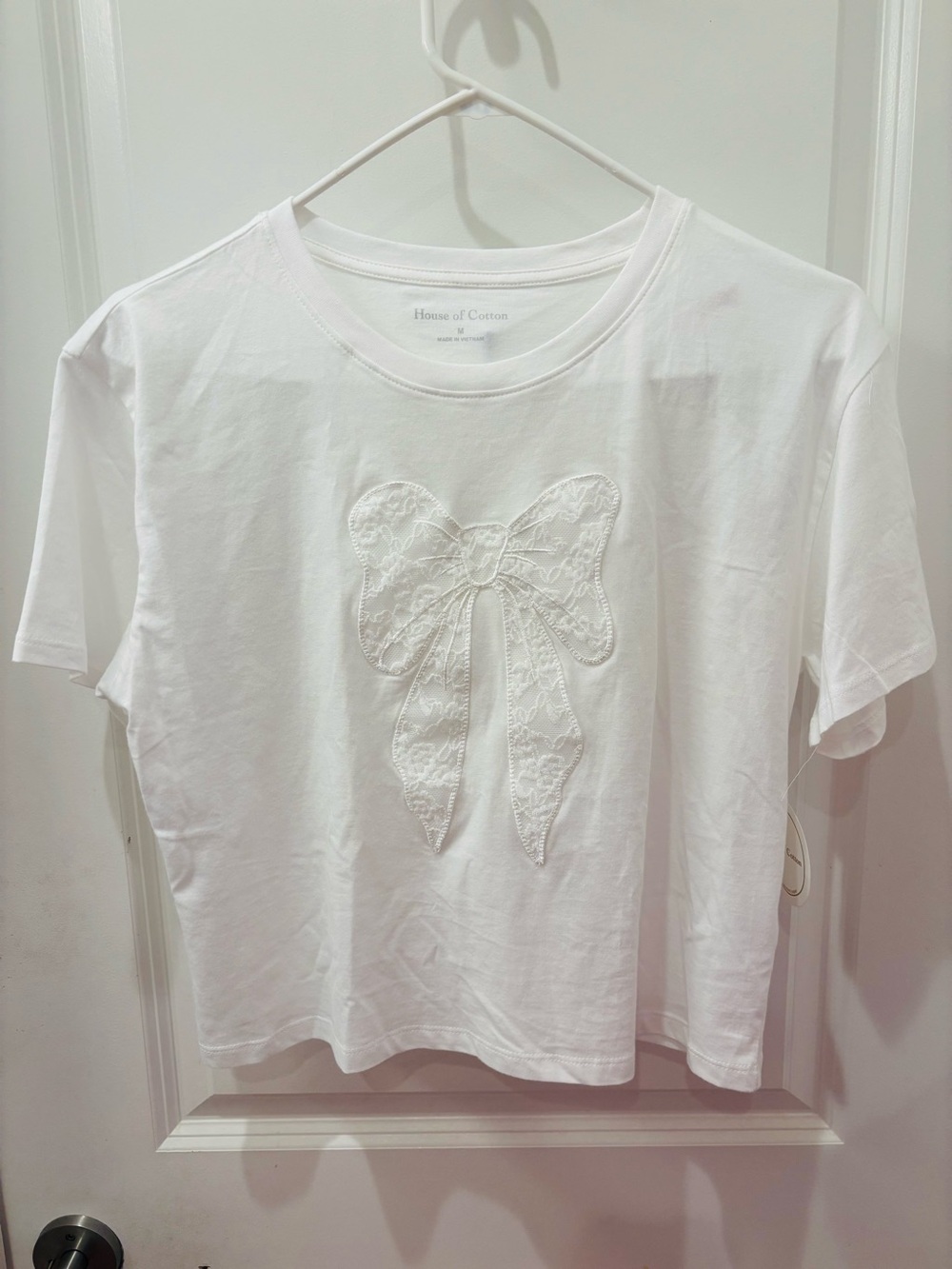 NWT House of Cotton White Lace Bow Tee - M
